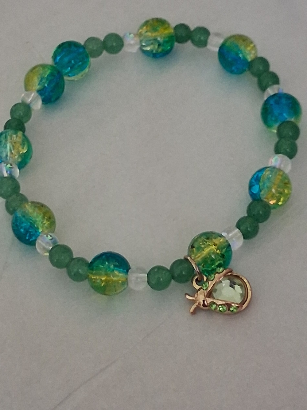 Green and Teal Beaded Stretch Bracelet with Crystal Heart Charm